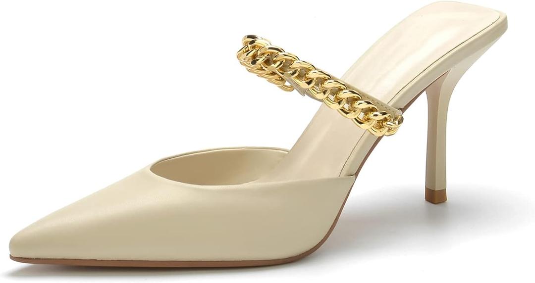 Jeesay Women's Pointed Toe Stilettos Mules Heels Pumps Slip on Gold Chains Mary Jane Dress Heels Sandals (US 9, Ivory)
