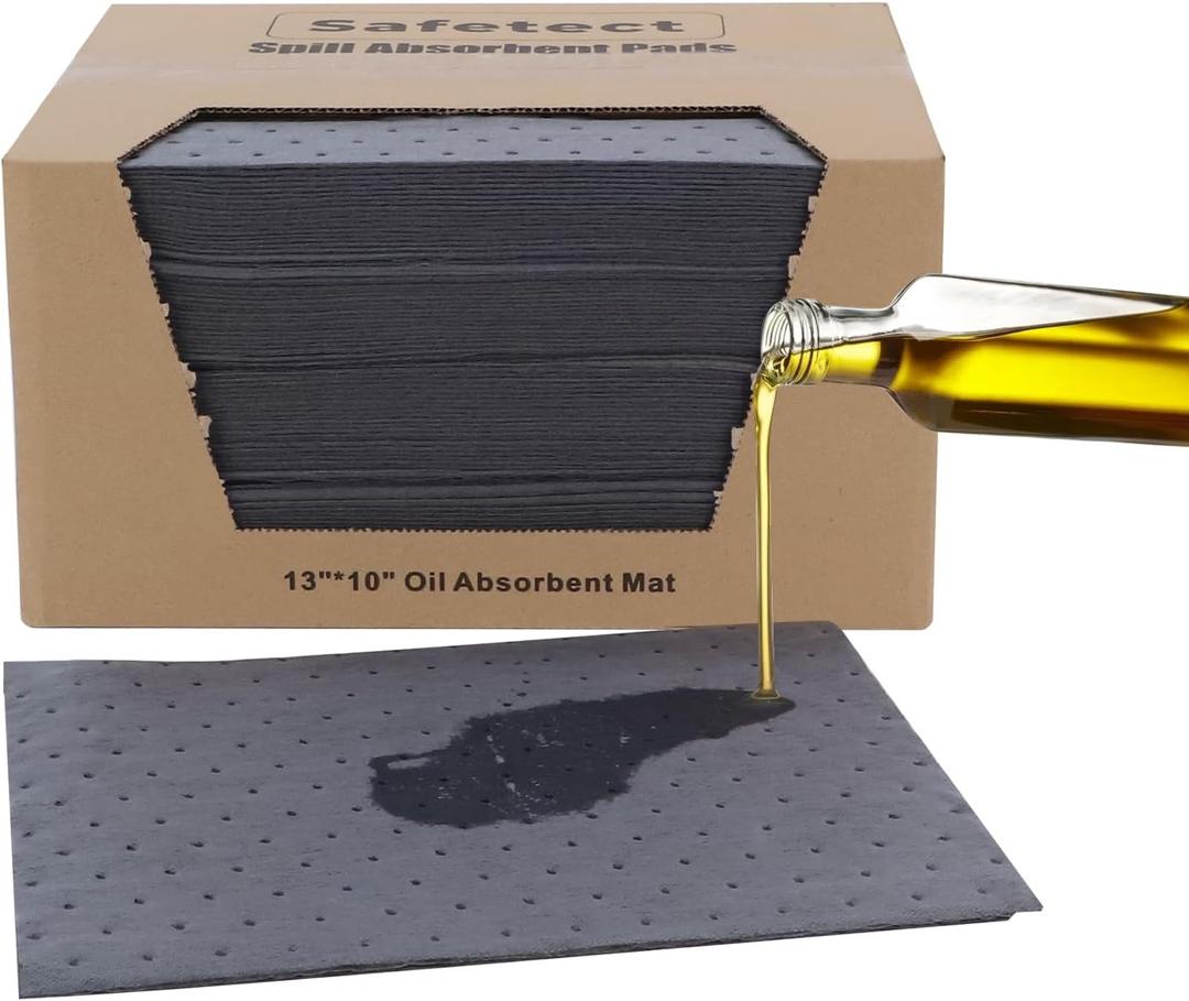 100 Pcs Oil Absorbent Pads - 10"x13" Oil Spill Mats for Garage, Workshop & Auto Repair, Reusable, Fast Cleanup for Oil, Grease & Coolant (Grey, Boxed)