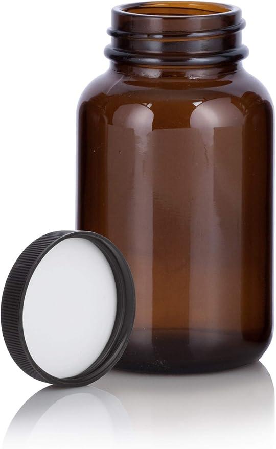 Amber Glass Packer Bottle with Black Ribbed Lid (4 pack)