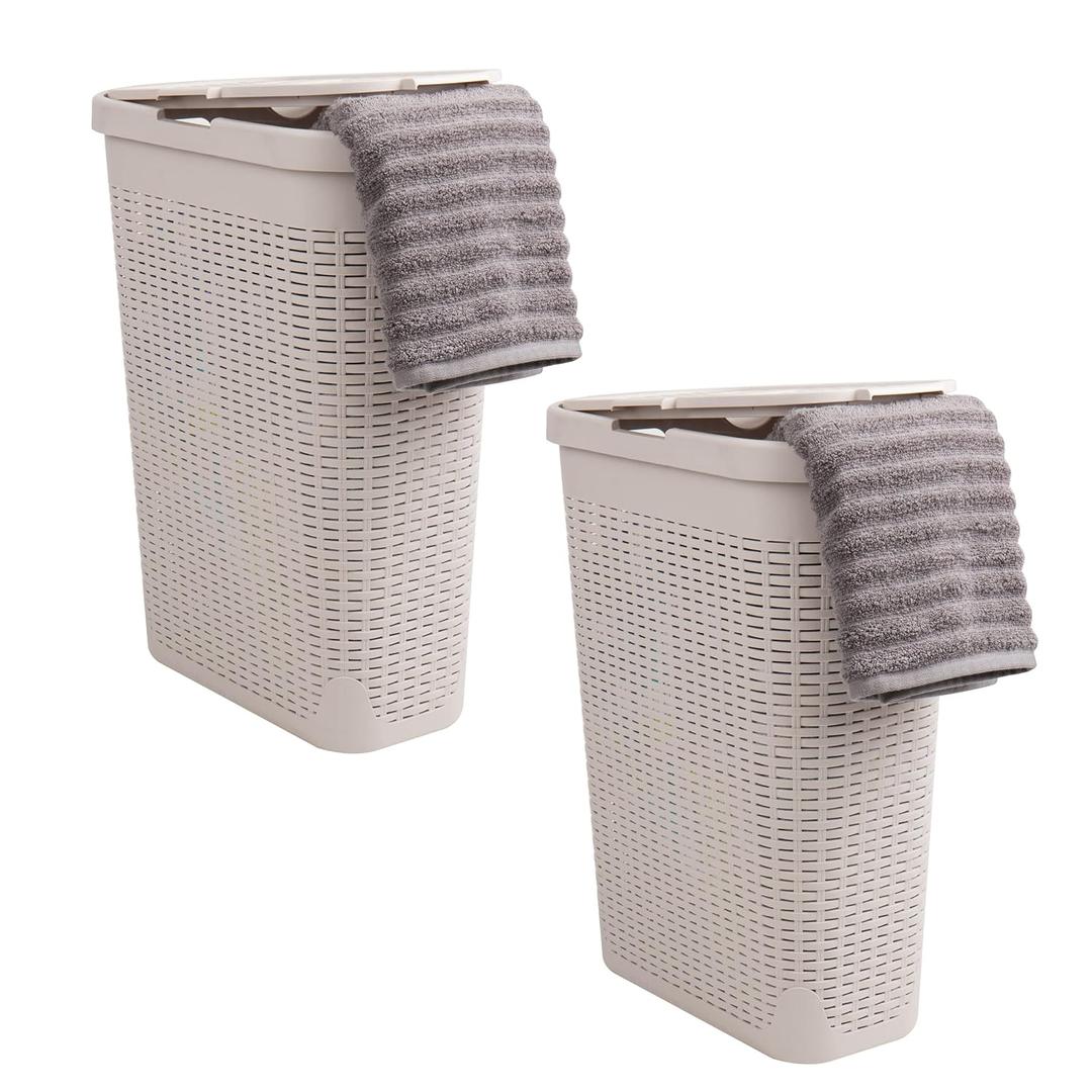 Mind Reader Slim Laundry Hamper with Lid, 40L Clothes Basket, Premium Wicker Design, Plastic, Set of 2, Ivory