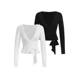 QJQ Women's 2 Pack Pilates Ballet Wrap Tops Long Sleeve Workout Yoga Shirt Going Out Tie Front Top Black and White, Large