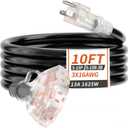 10 FT 16/3 Gauge Outdoor Extension Cord with Multiple Outlets Light Indicator, Flexible 3 Outlet Weatherproof Extension Cord Waterproof Black, 13A 1625W 16AWG SJTW, ETL Listed