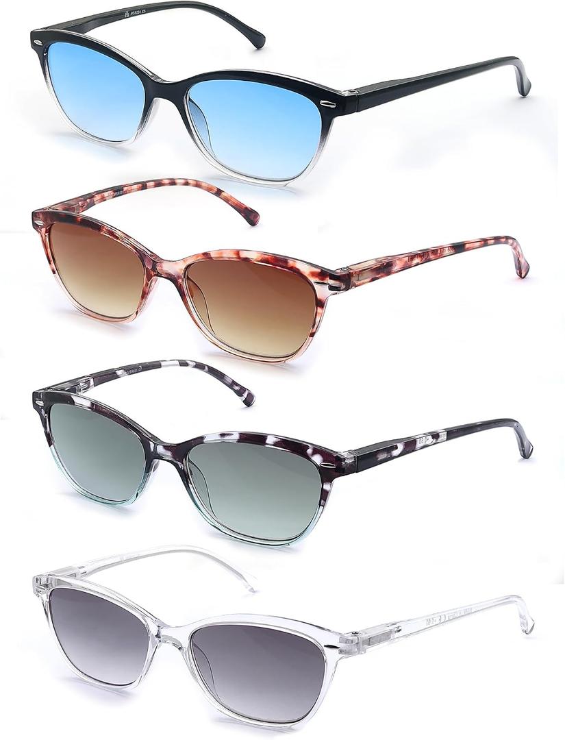 Reading Sunglasses +0.75 Womens Square Readers Sunglasses Stylish Lightweight Ladies Sun Readers 4 Pack Comfortable Fit (Black,Clear,Tortoiseshell Frames)