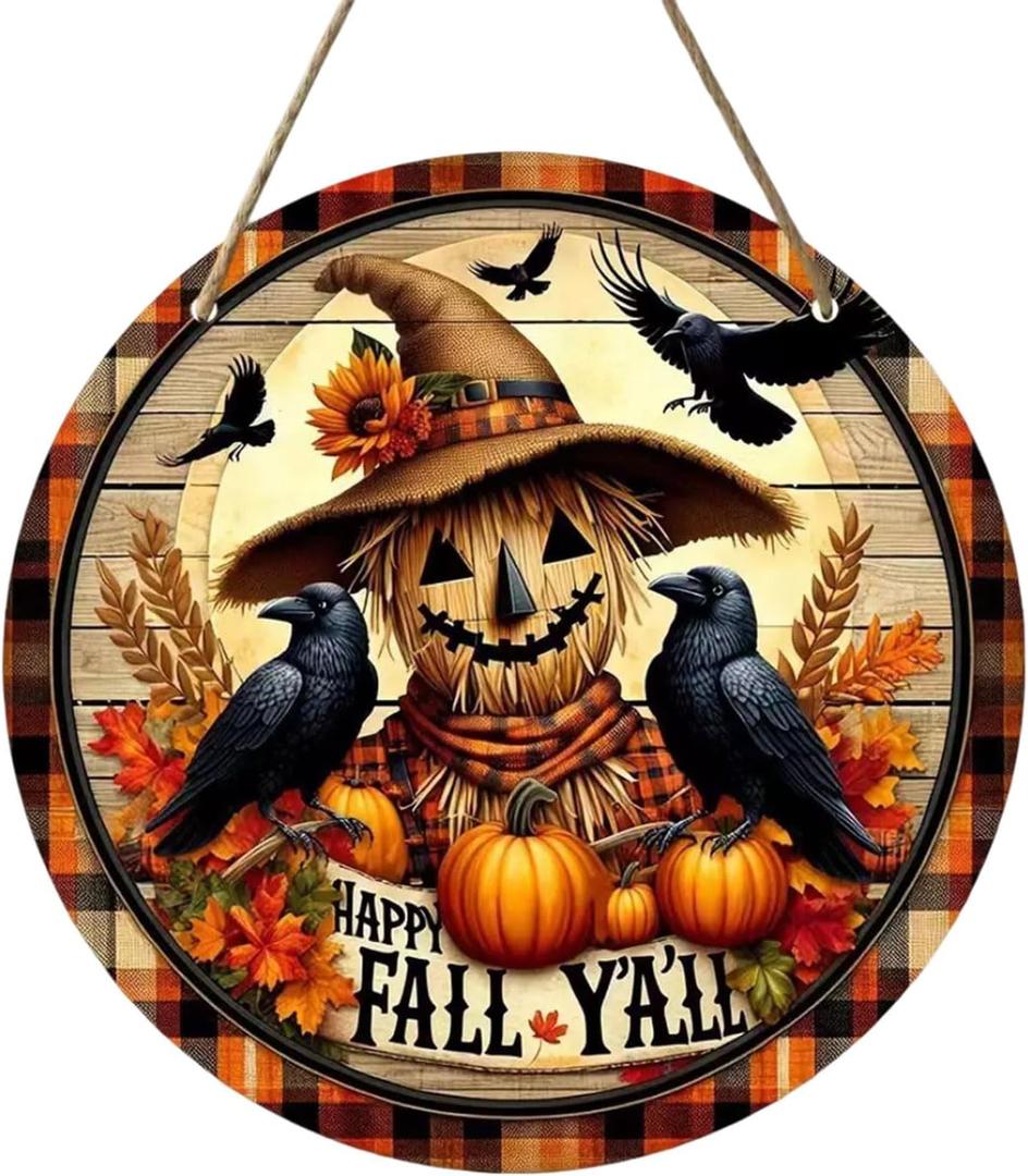 Autumn Wreath,12 Inch Crow and Scarecrow Fall Wreaths for Front Door,Wood Hanging Sign Halloween Door Decorations Autumn Hanging Wall Decor for Farmhouse Home Indoor Outdoor Party Supplies (Styl 7)