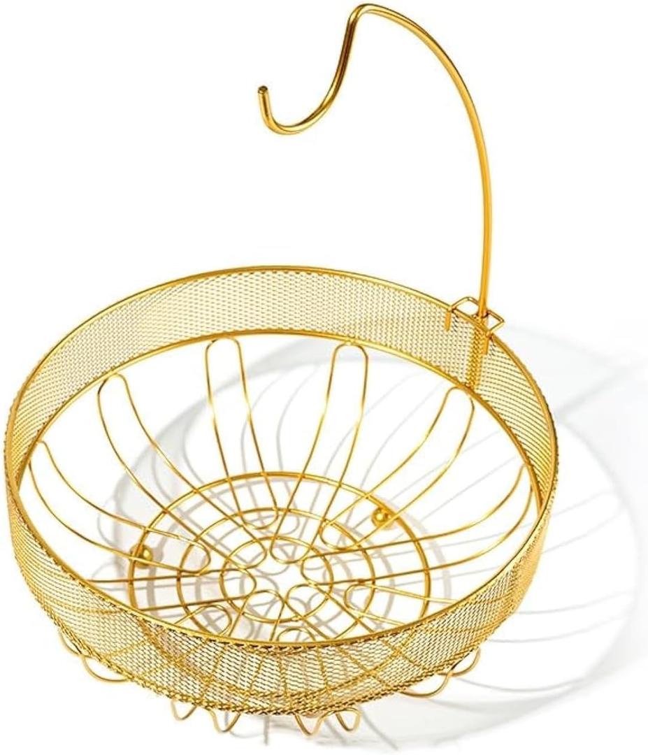 LANDTOM Gold Creative Detachable Wire Mesh Side Banana Hook Fruit Basket High-grade Fruit Plate Fruit Basket with Handle Snack Rack Desktop Storage (Gold, 28 * 27 * 35)