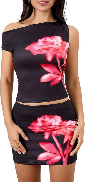 Women's 2 Piece Summer Outfit Floral One Shoulder Ruched Crop Tops and Bodycon Skirt Matching Set Size M