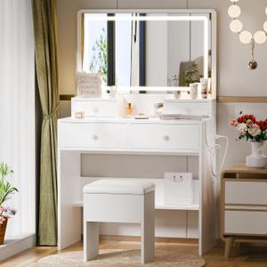 Haewon Vanity Desk with LED Mirror and 3 Light Modes, Makeup Vanity Table with Power Outlet, 4 Drawers and Hidden Storage Chair for Bedroom, White