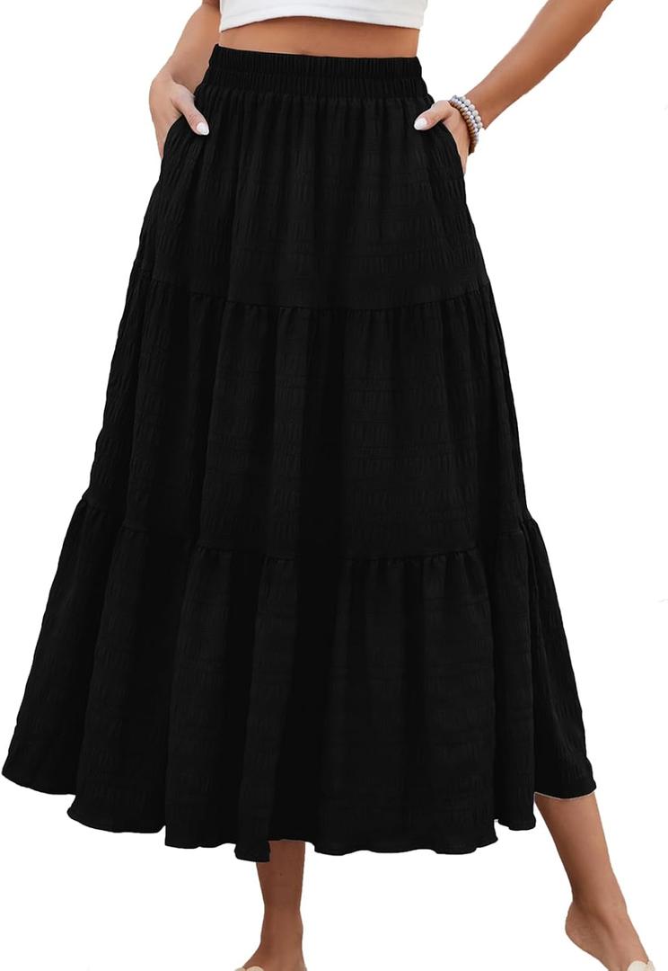 HUSKARY Women's Summer Casual Elegant Smock Layered Tiered Maxi Skirt High Waisted A Line Flowy Long Skirts with Pockets (Black, L)