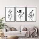 Flower Plant Wall Art Decor 24"x16" Set of 3 Black And White Botanical Painting Wood Framed For Minimalist Bedroom Office Rustic Living Room Abstract Wildflower Sign Hanging (Black)