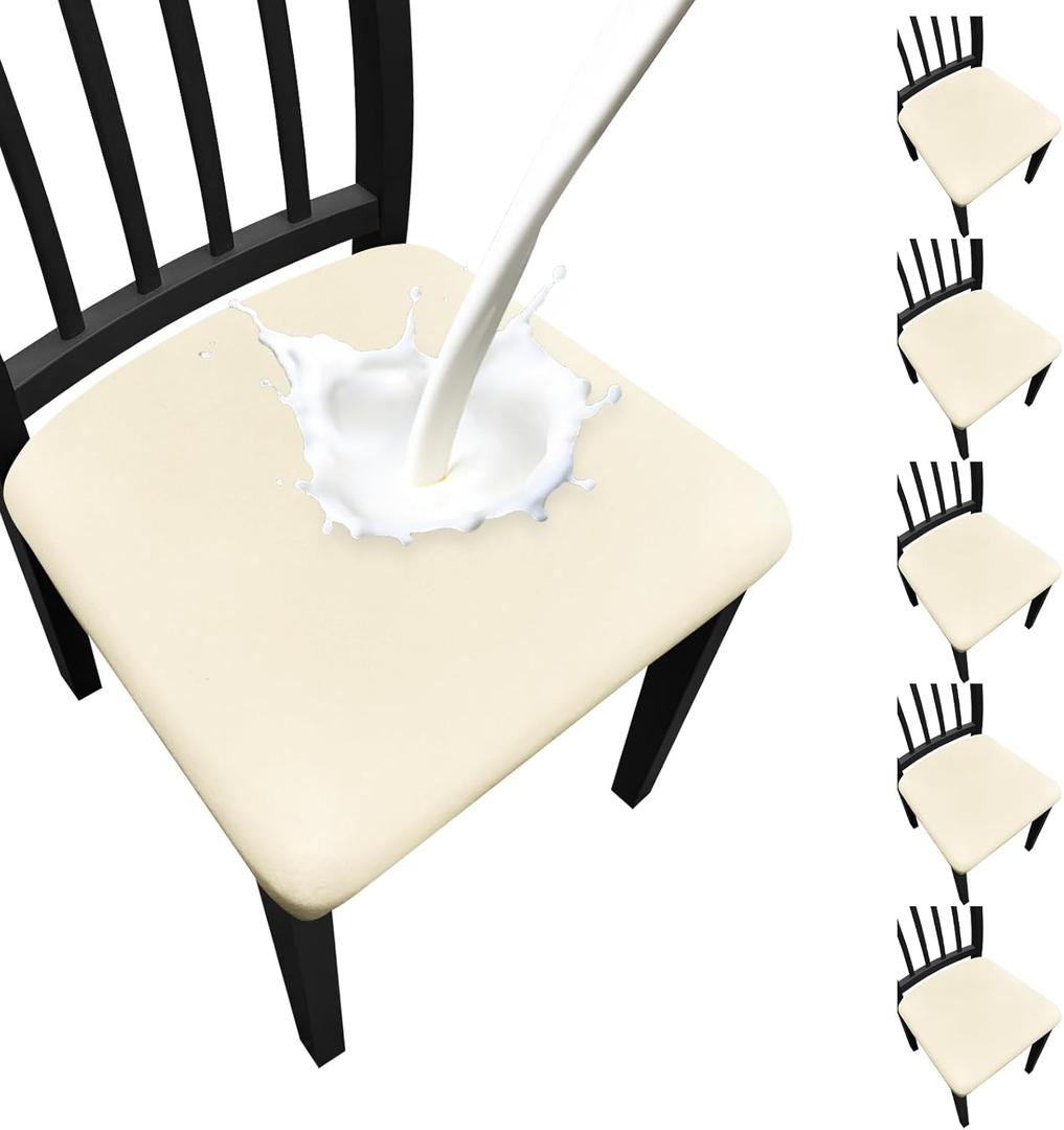 Waterproof Dining Chair Seat Covers Set of 6, Stretch Removable Dining Room Seat Covers for Dining Chairs, Kitchen, Hotel, Party (.Beige)