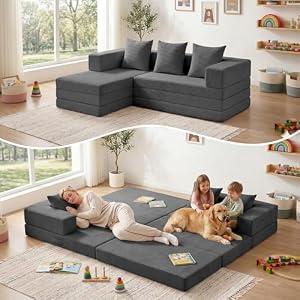 Boneless Couch, Convertible Sleeper Sofa Bed, Modular Sectional Sofa, Modern Tri-Folding Cloud Couch with L-Shape Chaise, Corduroy Futon Couches for Living Room Small Spaces Apartment, No Assembly