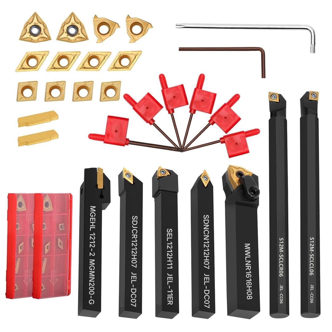 Indexable Lathe Turning Tool 21Pcs Kit 1/2'' 12mm Shank 7Pcs Carbide Turning Tool Holders with 14Pcs Tin Coated Turning Inserts Metal Lathe Tool Holder Set for Turning Grooving Threading Boring