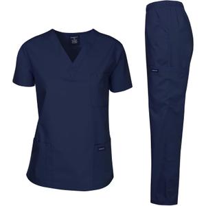 Dagacci Medical Uniform Woman and Man Scrub Set Unisex Medical Scrub Top and Pant, Navy, L