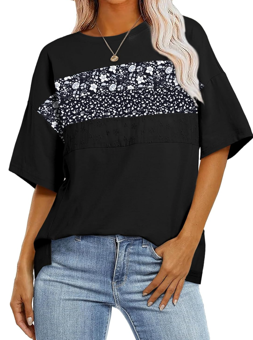 EVALESS Oversized Tshirts for Women Trendy Summer Crochet Tops 2025 Crewneck Short Sleeve Shirts Floral Print Tee T Shirts L