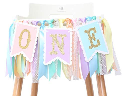 Rainbow High Chair Banner for 1st Birthday - Baby Girl Smash Cake for Photo Props, First Birthday Photo Background, Macarons Color(Rainbow High Chair Banner)
