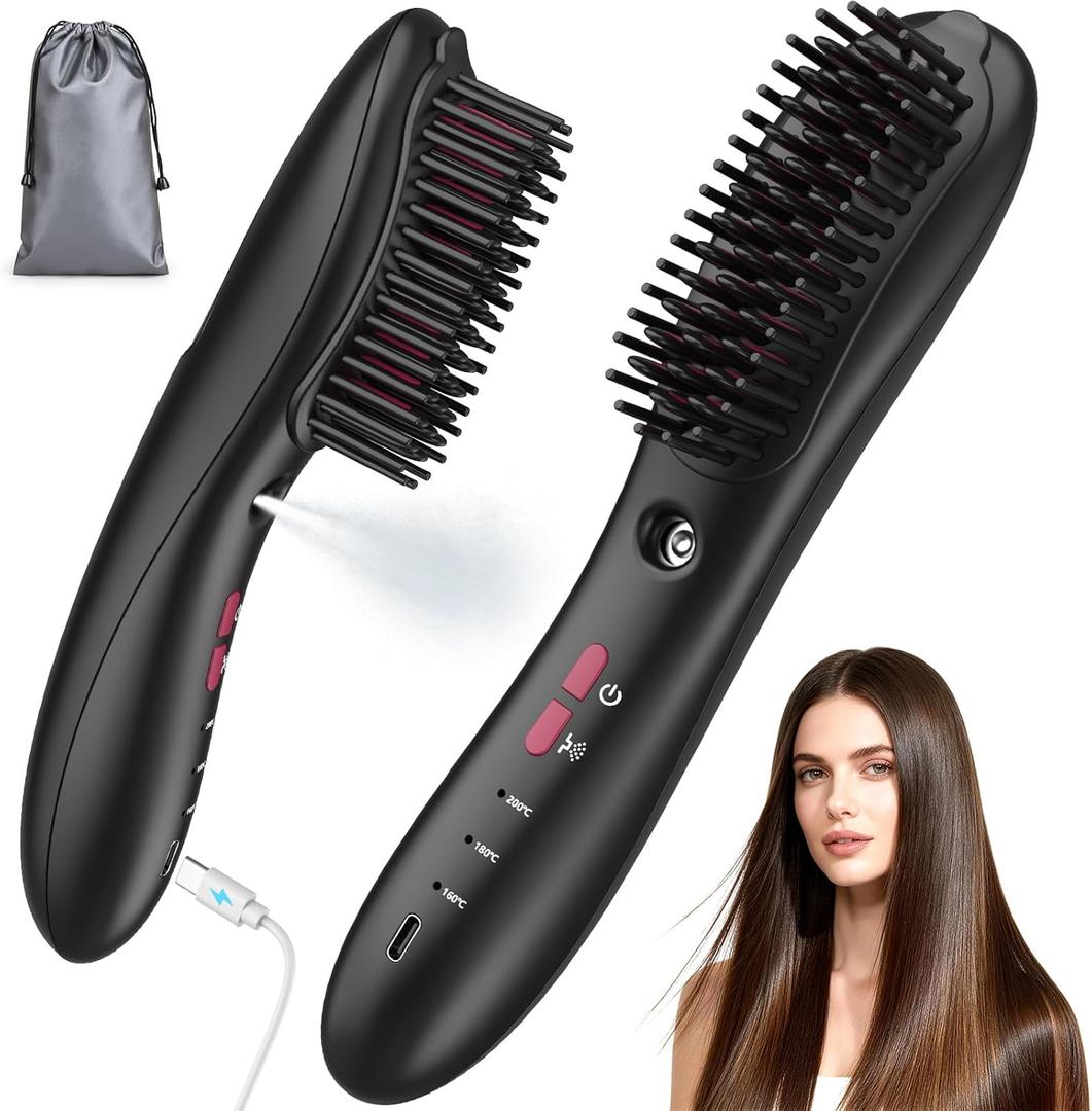 Wireless Straightener Comb with Spray Mist - 3 in 1 Straightening Brush, 3 Temp Settings, 3000mAh Rechargeable, 50 Min Runtime, for All Hair Types