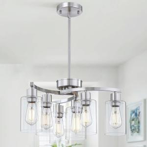 6-Light Modern Chandelier, Brushed Nickel Dining Room Light Fixture, Farmhouse Industrial Chandelier Hanging Over Table, Height Adjustable Pendant Lighting for Kitchen Island Foyer, Clear Glass Shade