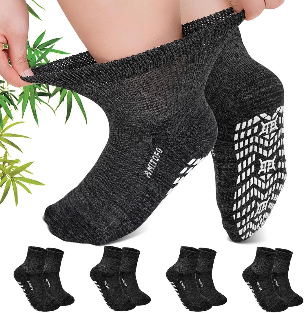 CaiDieNu Non Slip Diabetic Ankle Socks: Bamboo Viscose Non Binding Hospital Socks with Grip for Women Men Elderly Edema 4 Pairs 9-15 Black, Extra Large