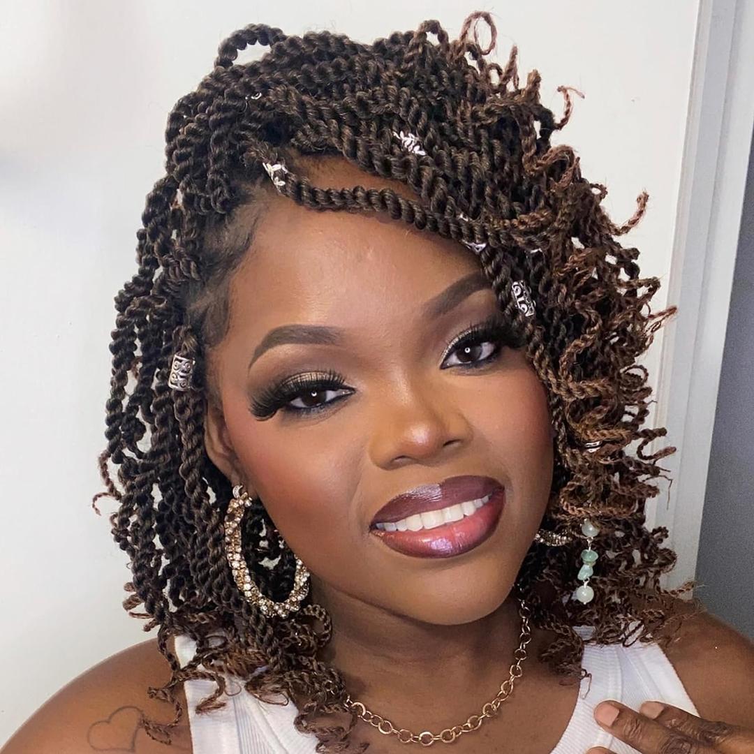 Leeven Crochet Hair 8 Inch Senegalese Twist 8 Packs Ombre Brown Pre Looped Short Crochet Braids Wavy Small Havana Twist with Curly Ends Synthetic Braiding Hair for Women (#T30)