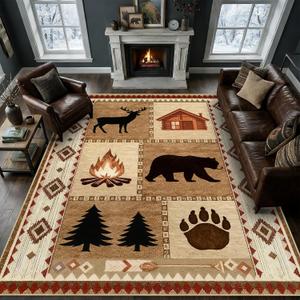 8x10 Cabin Bear Rustic Area Rug for Living Room Lodge Deer Wildlife Large Rug Country Farmhouse Westen Machine Washable Non-Slip Printed Low-Pile Indoor Carpet for Bedroom Dining Room Office