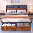 XKLOGER Full Bed Frame with 2 Drawers, Platform Bed with LED Lights & Charging Station, Wood Headboard with Storage Shelve, Noise Free, Heavy Duty Metal Slats Support, No Box Spring Needed