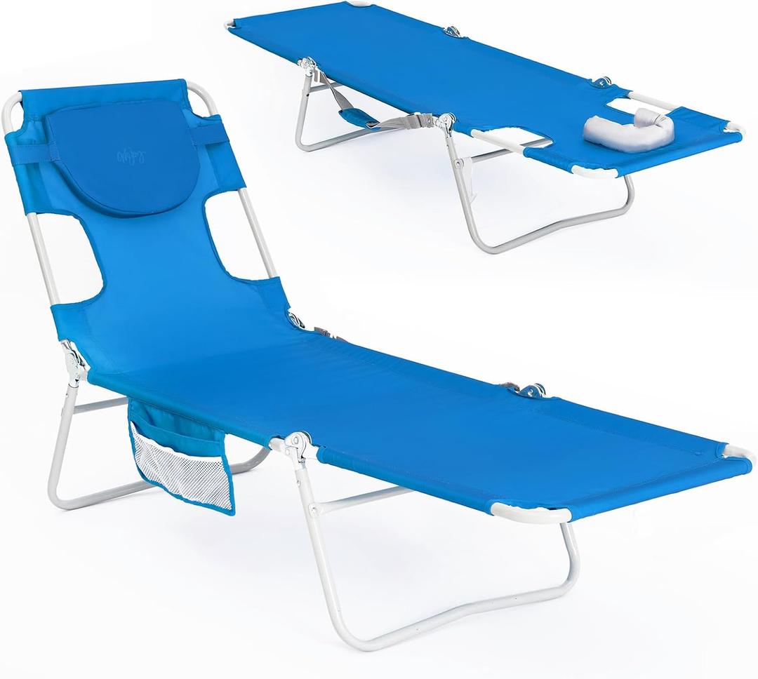 #WEJOY Folding Tanning Chair with Face Hole, 5 Positions Face Down Beach Lounge Chairs with Pillow for Outside Sunbathing Poolside (Blue), Oversized
