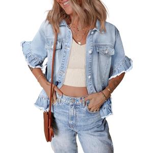 Sidefeel Denim Jackets for Women Trendy Casual Short Sleeve Button Down Washed Ruffle Jean Jackets Iceland Blue S