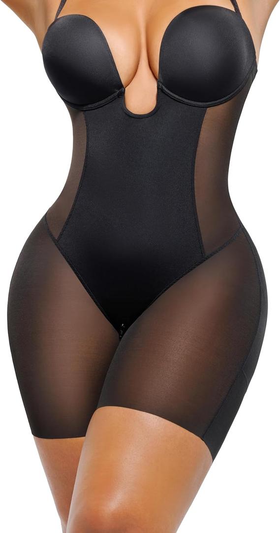SHAPELLX Strapless Shapewear for Women Tummy Control U Plunge Backless Bodysuit Mid Thigh Full Body Shaper (Small, 01-black)