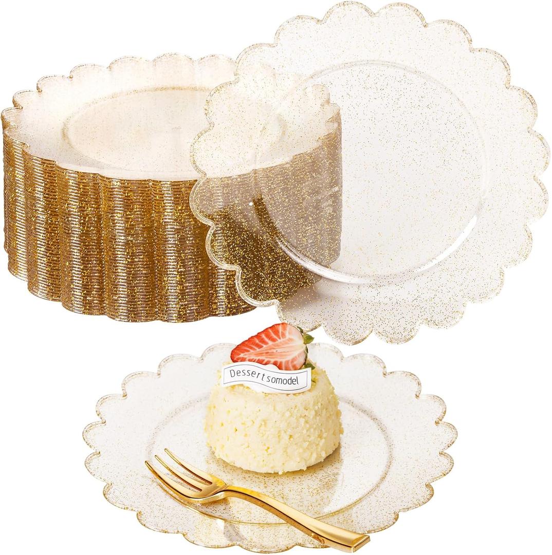 LIYH 200Pcs Gold Glitter Dessert Scalloped Plates and Forks- Disposable Heavyduty Combo Plastic Plates Dishes Included 100 Dessert Plate 100 Gold Forks for Weddings Party Birthday
