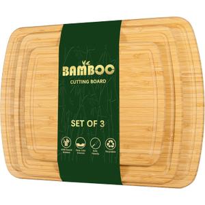 17.5" x 12.4" Cutting Boards for Kitchen-Made of Organic Bamboo Cutting Board Set of 3,Wood Cutting Boards with Deep Juice Grooves, Charcuterie Boards, Butcher Block Cutting Board, Easy Grip Handle