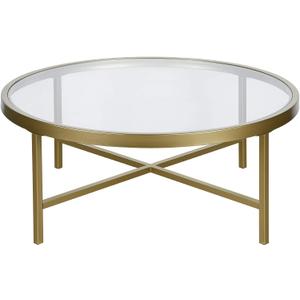 Henn&Hart 36" Wide Round Coffee Table with Glass Top in Brass, Modern coffee tables for living room, studio apartment essentials