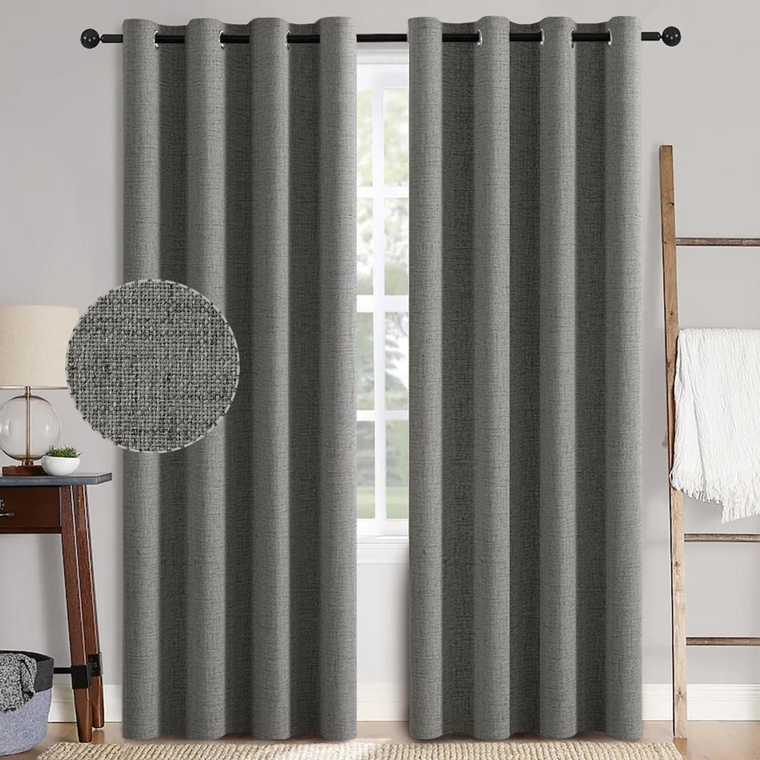MIULEE Linen Texture Curtains, 2 Pack Dark Grey 52x108 Inch, Blackout, Room Darkening, Grommet, Classic Style, Faux Linen, All Season, Bedroom, Living Room, Nursery