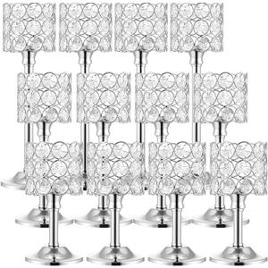 Mumufy 12 Pieces Crystal Candle Holders Set 3 Sizes Tall Crystal Wedding Candlestick Holders Pillar Candelabra Stand for Table Centerpieces for Christmas Party Wedding Dining Decoration (Silver)