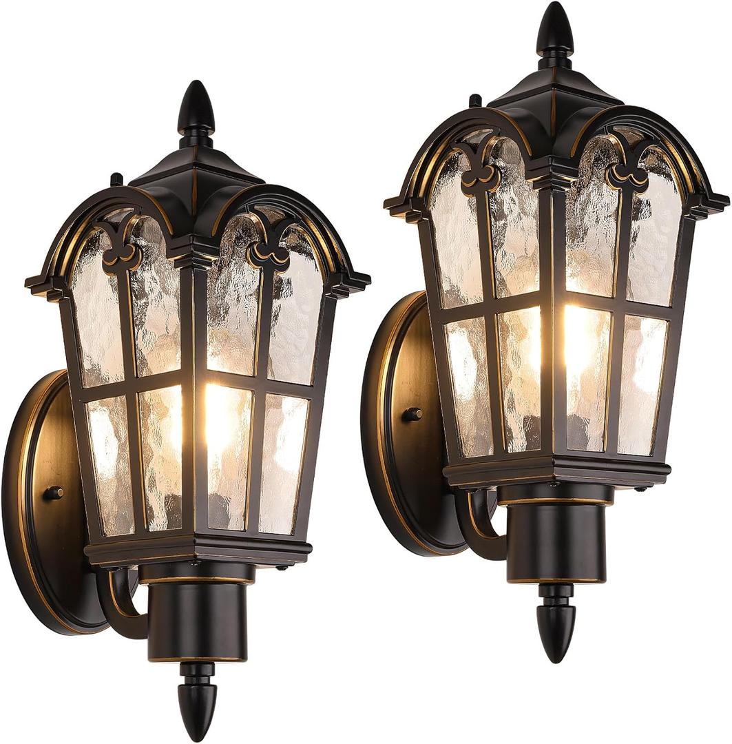 Sucolite Outdoor Wall Light Fixtures, Black & Gold Exterior Waterproof Porch Lights, Vintage Outside Wall Sconces with Water Ripple Glass for House Front Door Garage, 2 Pack (16in)