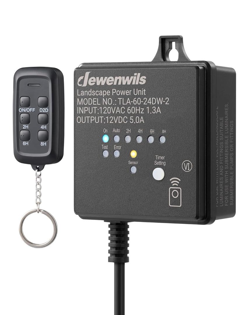 DEWENWILS 60W Low Voltage Landscape Transformer with Remote Control, 120V AC to 12V DC, Dusk to Dawn & Timer, Outdoor Low Voltage Transformer for Spotlight, Garden Light, Pathway Light