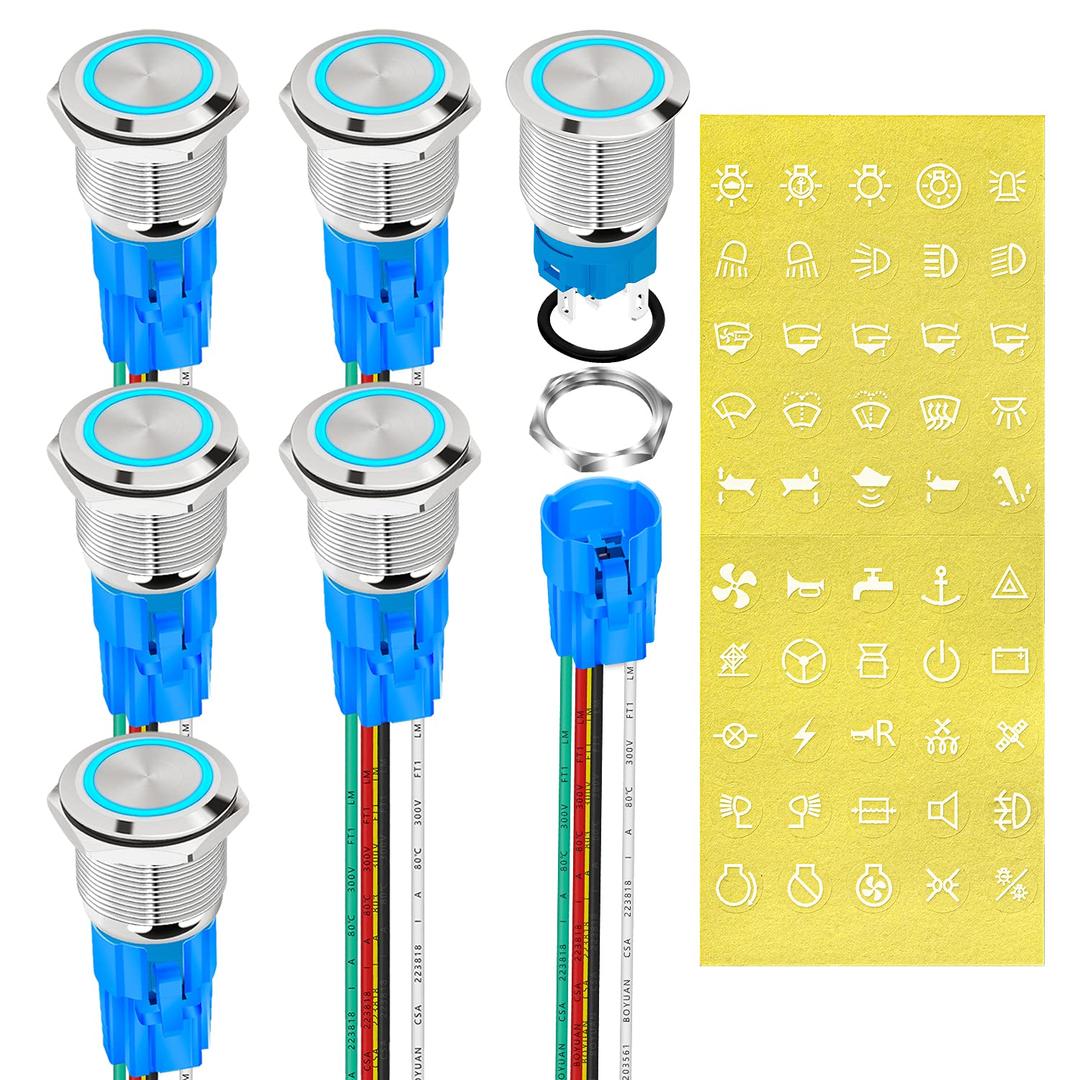 DaierTek 12V Latching Push Button Switch Marine Waterproof Round Blue LED Pushbutton Switch 19mm 12 Volt DC Ring Illuminated Metal ON Off with Label Sticker for Boat Car -6pcs
