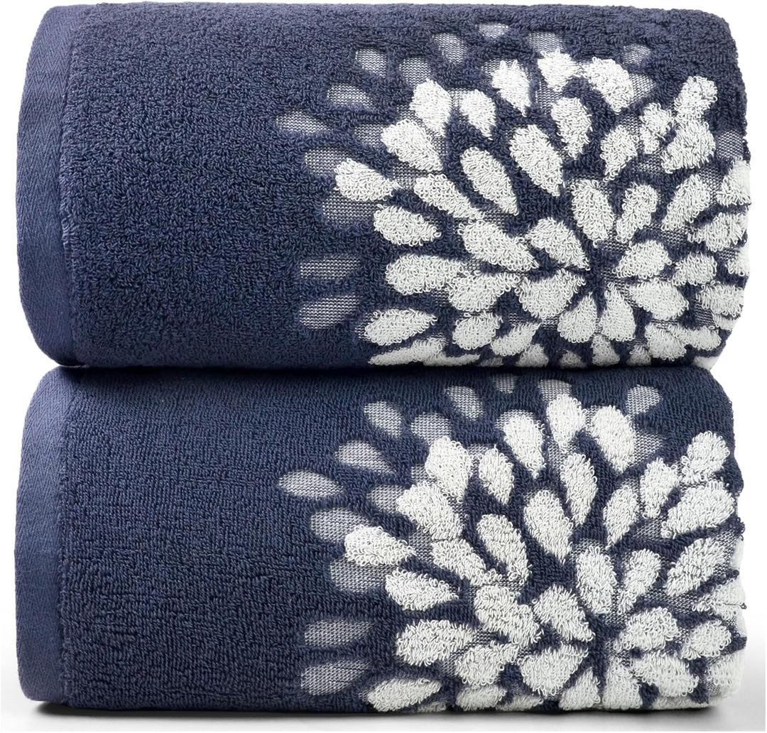 Cute Bath Towels Set of 2 (Denim Blue) - Large 55 x 28, Decorative Hydrangea Floral Jacquard, Bathroom & Guest Room Decor, Cotton