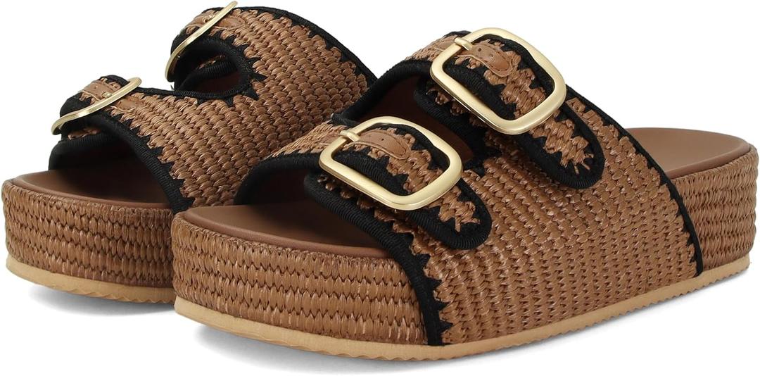 Raffia Sandals for Women Platform Slide Sandals Espadrille Adjustable Double Buckle Summer Comfortable Cute Woven Casual Beach Shoes Size 10