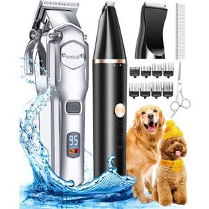 oneisall Dog Grooming Kit for Heavy Thick Hair, with Stainless Steel Blade and Paw Trimmer, Low Noise Rechargeable Cordless Waterproof Dog Clippers for Grooming Animals&Pets