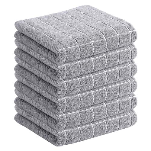 Homaxy 100% Cotton Terry Kitchen Towels(Light Grey, 13 x 28 inches), Checkered Designed, Soft and Super Absorbent Dish Towels, 6 Pack