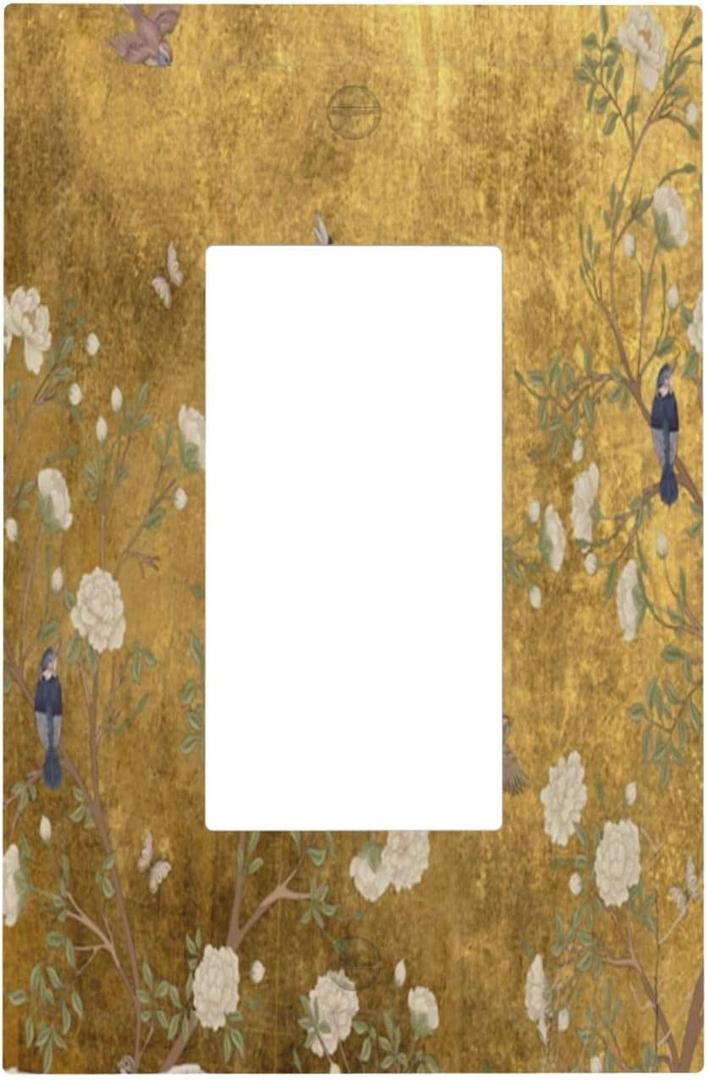 Decorative Outlet Covers Vintage White Flowers Birds on Golden Background 1 Gang Rocker Light Switch Cover Plate Single Decora Light Switch Covers Wall Plate Faceplate (1-Gang Rocker/5 x 3 IN)
