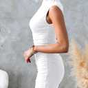 OWIN Women's Sexy Summer Casual Mock Neck Dresses Sleeveless Ruched Bodycon Cocktail Party Mini Dress (White, M)