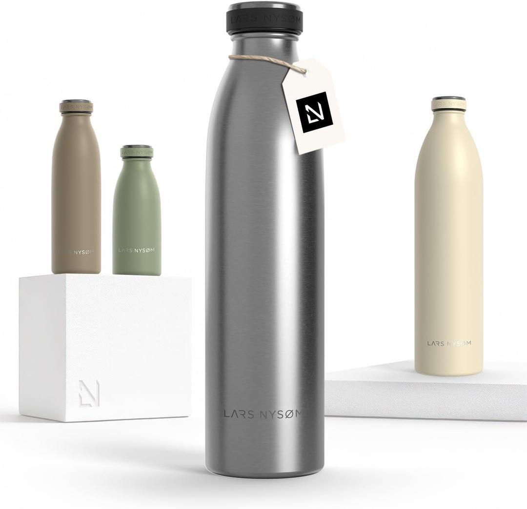 LARS NYSM Stainless Steel Insulated Water Bottle 12oz 17oz 25oz 34oz 51oz | Insulated Thermo Flask for Hot and Cold Beverages | Leakproof Drinking Bottle (Stainless Steel, 25.4oz)
