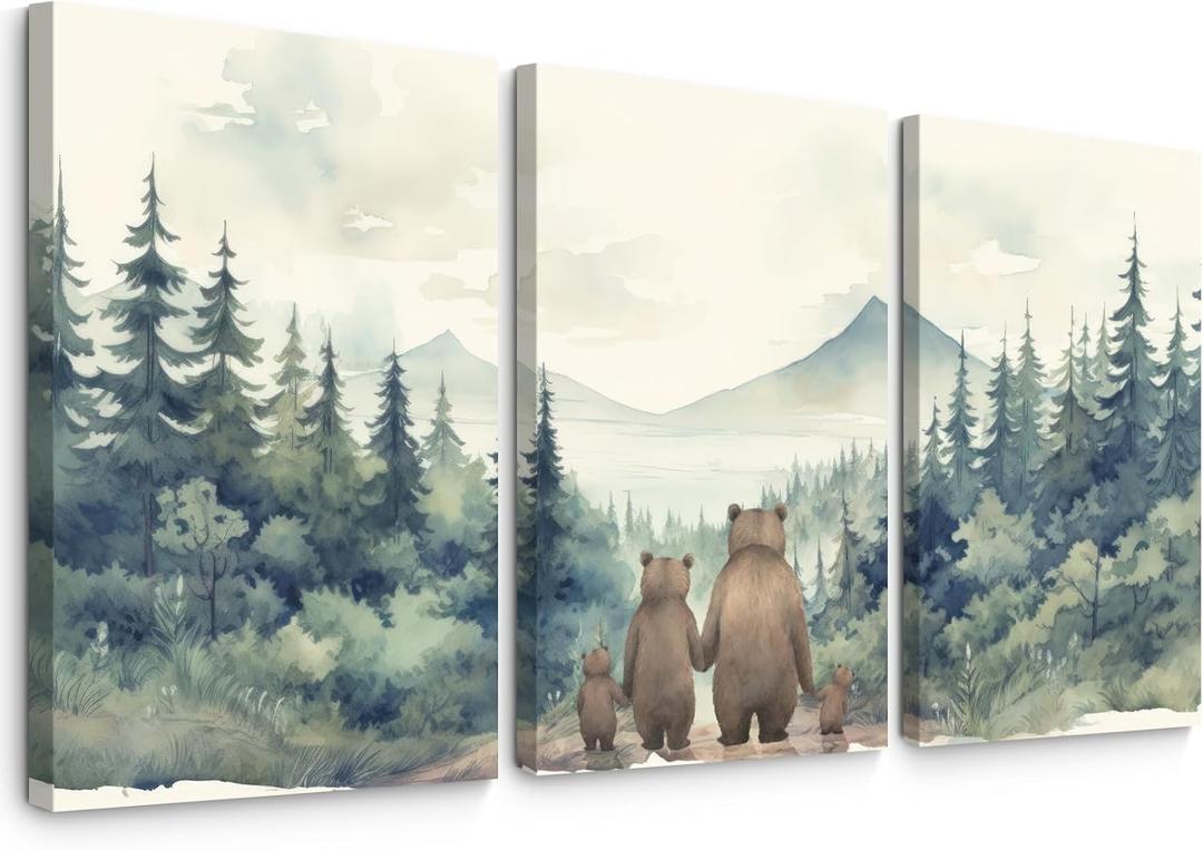 Nursery Animal Wall Art Woodland Bear Wall Decor Wild Forest Animals Canvas Pictures Baby Nursery Woodland Poster Watercolor Forest Painting Family of Four for Boy Kids Bedroom 16x24x3 Inch Framed