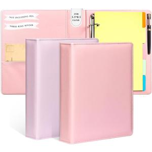 2 Pack Mini Size 3 Ring Binder 1 Inch Rings 5 Colors Dividers Pu Leather Binders 5.5" X 8.5" Holds 200 Sheets Paper Three Ring Binder DRing with Pen Loop 1 Pockets School Office (Purple&Pink)