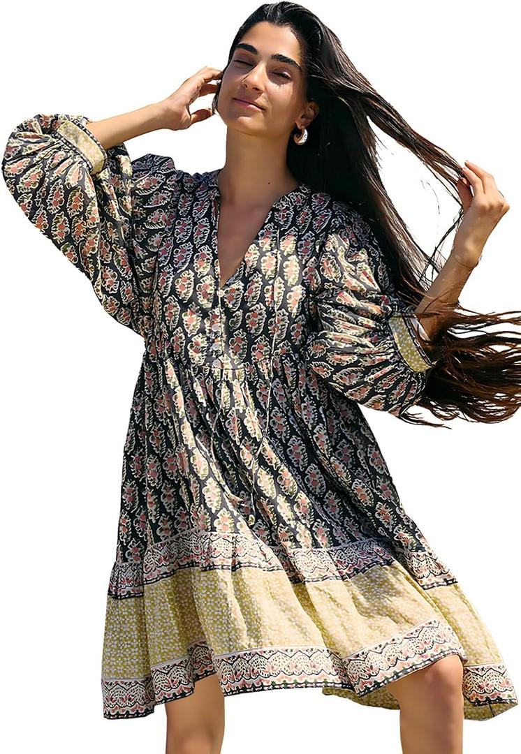 Casual Summer Dresses for Women Boho Vacation V Neck Babydoll Patchwork Floral Puff Sleeve Flowy Short Dress (Beige, L)