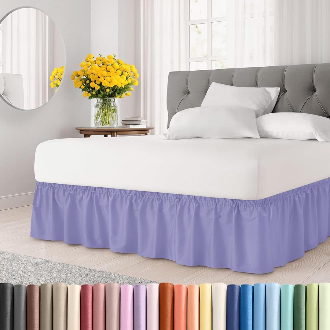 Wrap Around Dust Ruffle Bed Skirt - Lavender - for Queen Size Beds with 12 Inch Drop - Elastic Strap - Adjustable Pleated Bedskirt with Brushed Fabric and Wrinkle Free - for Women, Men, Kids & Teens