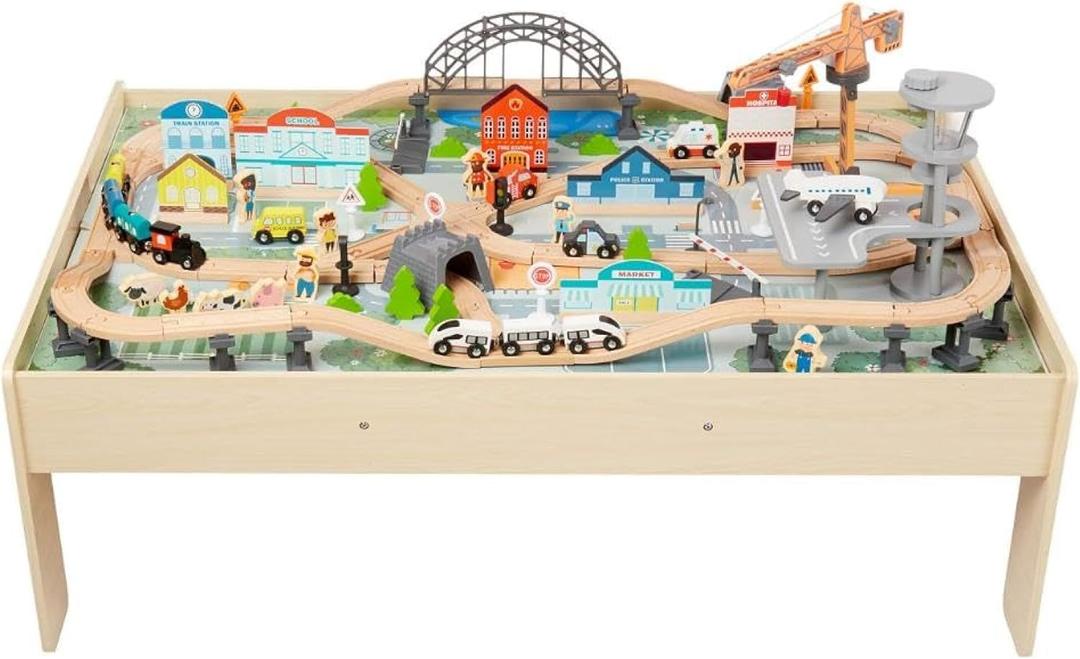 Amazon Basics 120 Piece Wooden Train Set with Table, Sturdy Tracks and Storage Bin, Multi-Activity, Kids Gift for Age 3Y+, 48.62 x 18.07 x 7.01 in