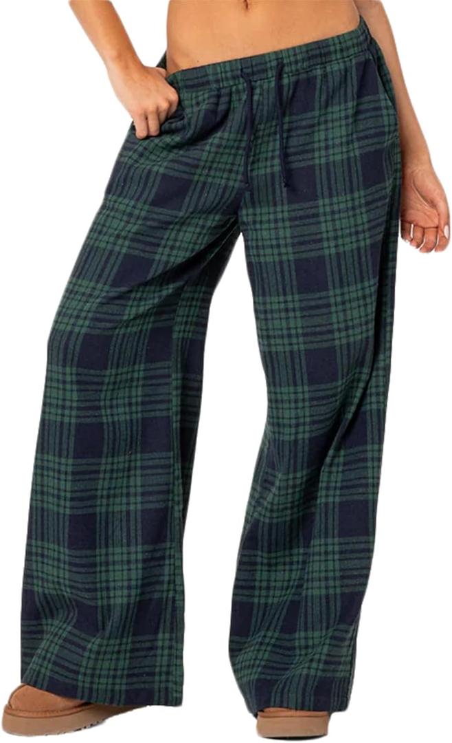 Women Plaid Comfy Pajamas Pants Elastic Waist Drawstring Loose Wide Leg Lounge Pants with Two Pocket (Small, Green)