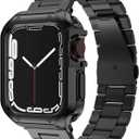 Compatible with Apple Watch Band and Case, Stainless Steel Metal Chain with TPU Cover, Smart-Watch Link Bracelet Strap, Wrist-Band for i-Watch Series 9 8 7 6 5 4 3 2 1 SE, 45mm 44mm 42mm, Black